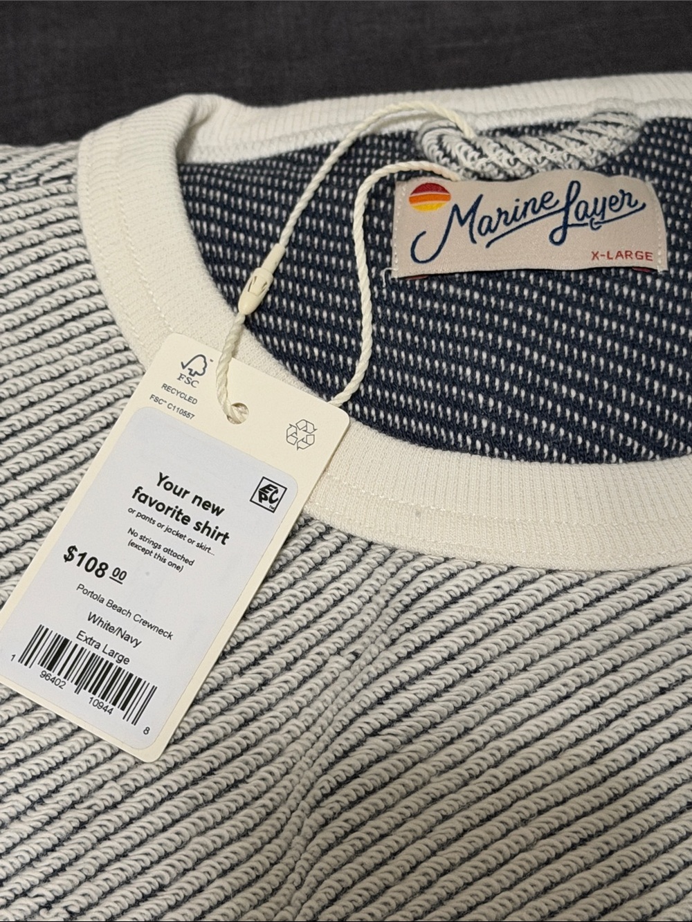 Marine Layer Portola Beach Crewneck Size XL White & Navy - Picture 2 of 5